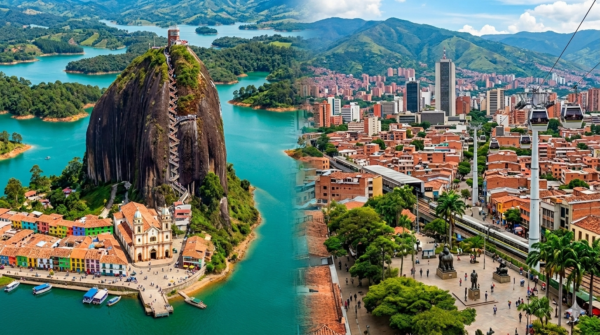 Imgen de Medellin y piedra del peñol, hecha por IA.